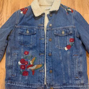 Mavi Faux Shearling Jean Jacket with Embroidered Birds